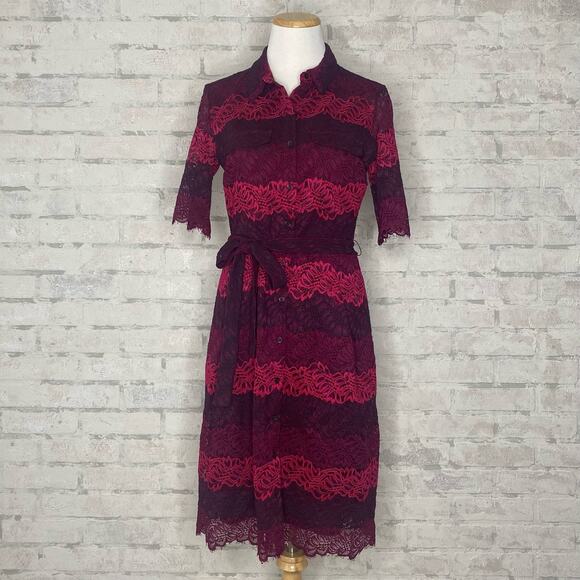 Banana Republic | Burgundy Purple Stripe Button Down Lace Dress - Picture 4 of 7